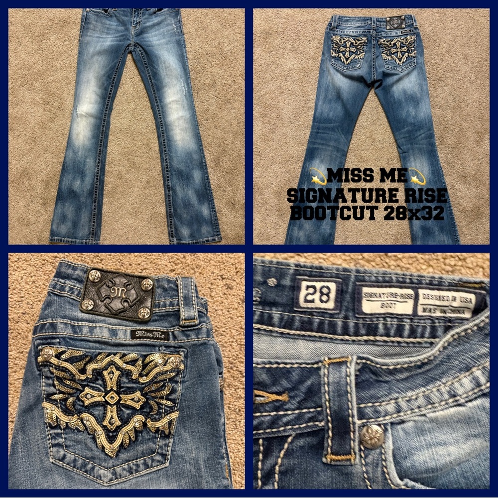 Miss Me Signature Rise Blue Bootcut Jeans with Embellished Pockets